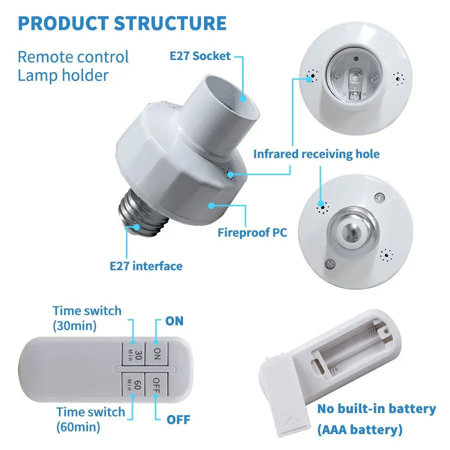 Smart Timer Switch Wireless Remote Control E27 15m Range Lamp Holder 110V 220V ON Off Light Bulb Base Socket Intelligent