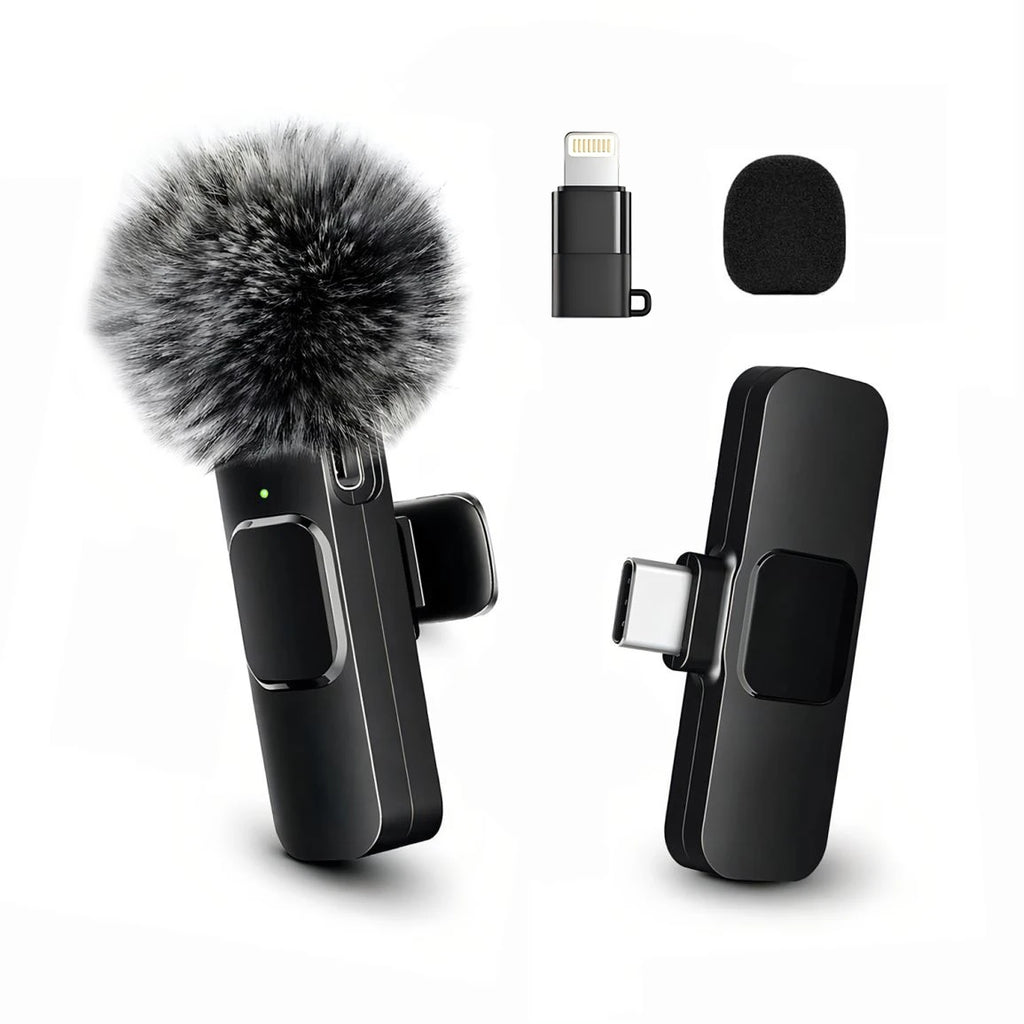 Wireless Mini Lavalier Clip Mic with Furry Windscreen, Dual‑Port Type‑C & Lightning Adapter for iPhone, Android, Tablets, Laptop