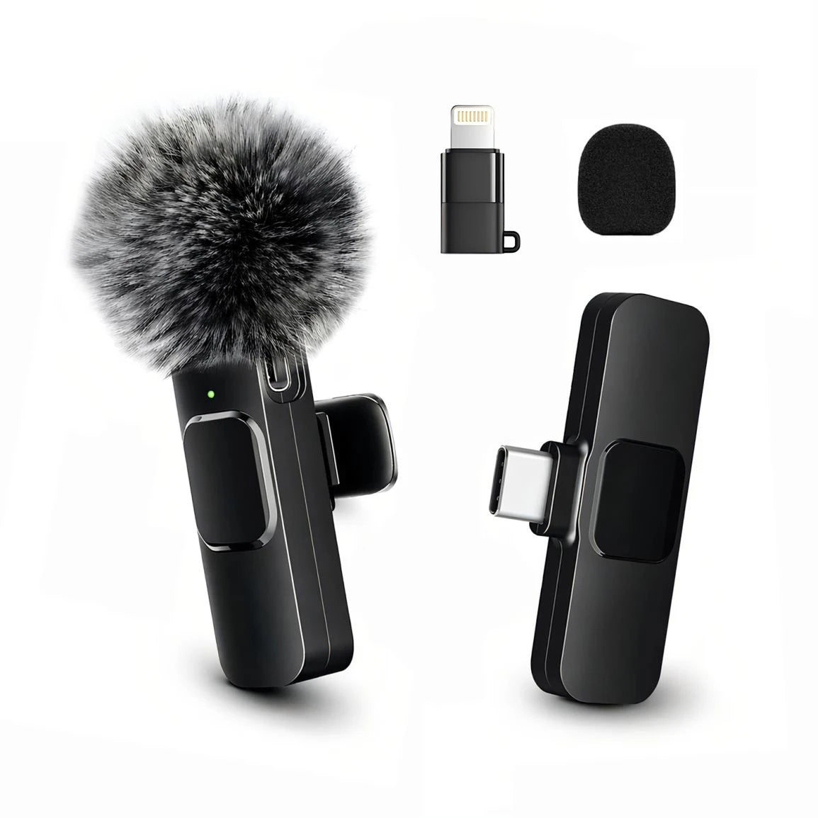 Wireless Mini Lavalier Clip Mic with Furry Windscreen, Dual‑Port Type‑C & Lightning Adapter for iPhone, Android, Tablets, Laptop