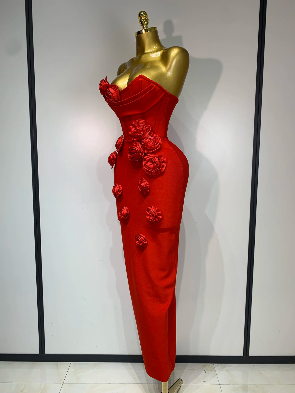 2025 Newest Women Sexy Strapless Backless Red Flower Midi Bandage Dress Celebirty Elegant Evening Club Party Birthday Dresses