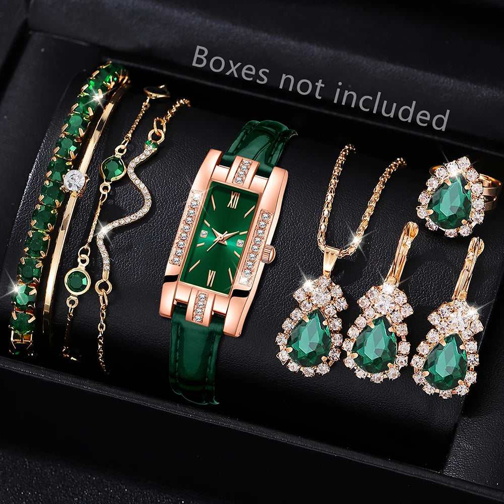 Women's watch light luxury diamond watch Tiktok student small green watch small female watch simple fashion quartz watch set