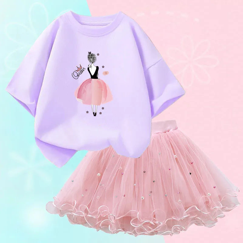 Fashion Summer Girls Outfits Pretty Ballet Dance Girl T-shirt and Tutu Skirt Set for Princess Clothes Suit Children Clothing