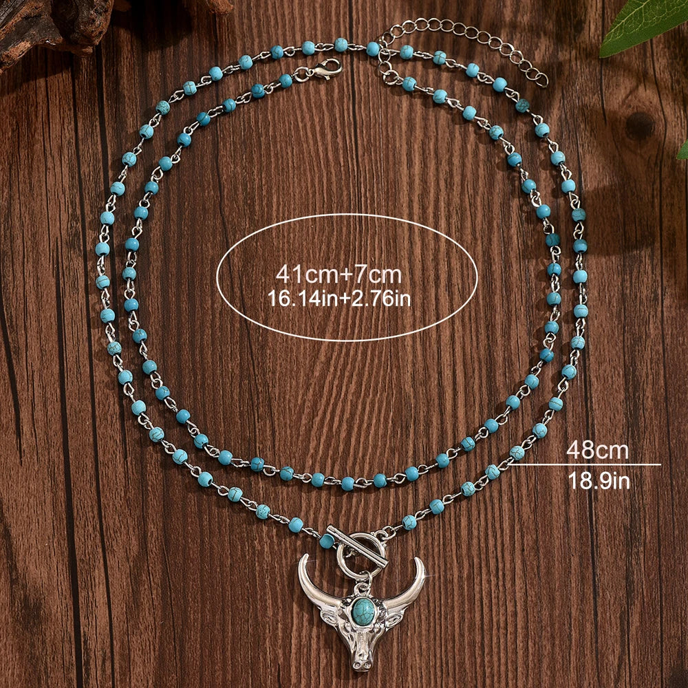 Layered Turquoise Bead Necklace for Women Western Bull Skull Pendant Double Chain Toggle Clasp Vintage Boho Neck Jewelry