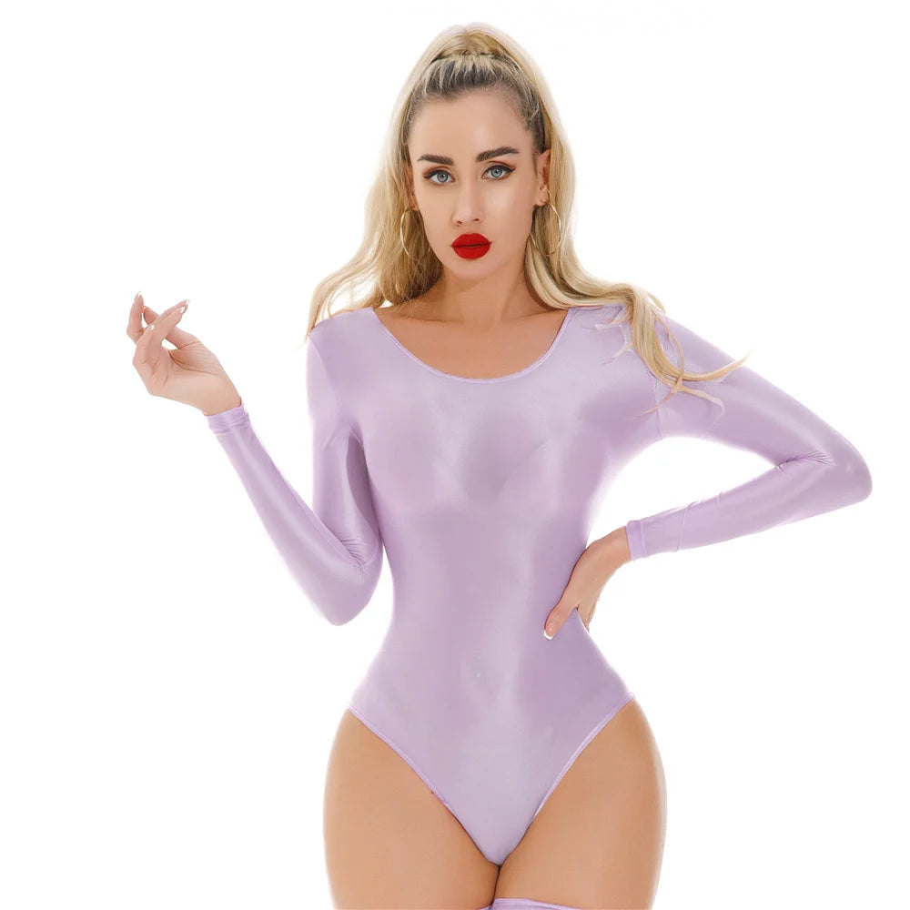 Sexy Women Stain Smooth HIgh Cut Bodysuit Oil Glossy Shiny Elastic Dance Tights Yoga Shaping Leotard One Pieces Thong