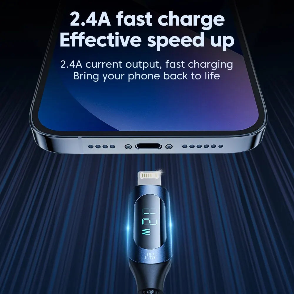 Toocki LED Display USB Cable For iPhone 14 13 12 11 Pro Max Fast Charger Charging Lightning 2.4A USB Wire Cord X XR 8 7 1m 2m