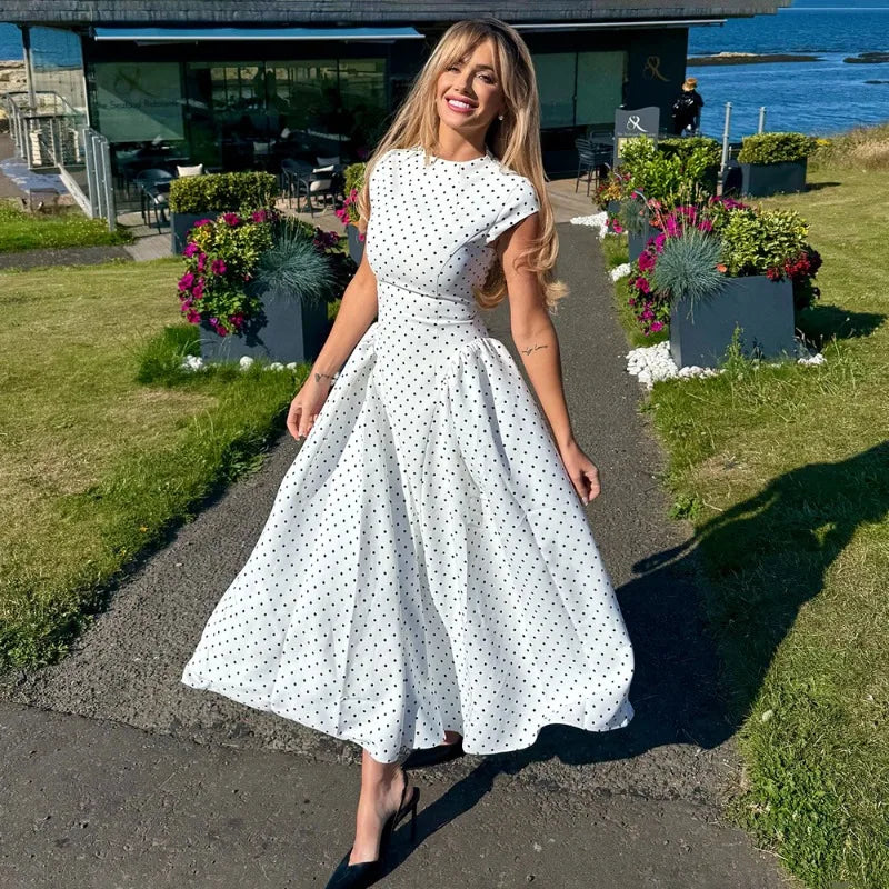 Talenza White Polka Dot Long Dress Summer Sexy High-Waisted Vintage Print Sleeveless Dress Casual Party Vacation New Women Dress