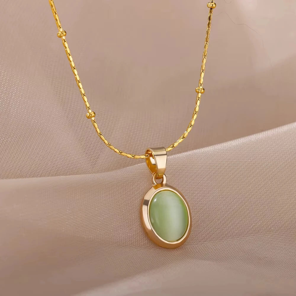 Trendy Oval Colorful Stone Necklace For Women Stainless Steel Gold Color Green Opal Stone Pendant Necklace Aesthetic Jewelry Gif