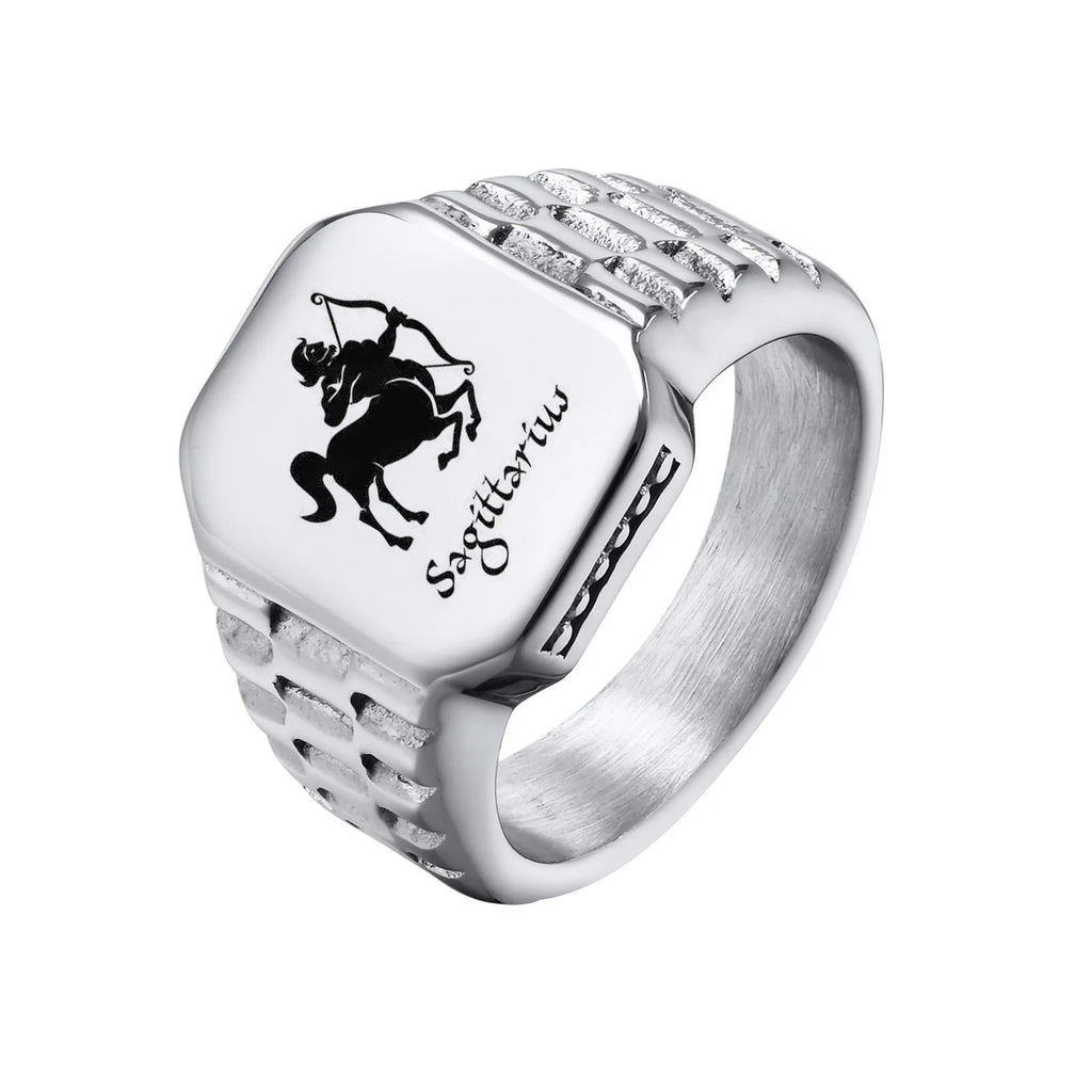 Free Custom 12 Zodiac Signet Rings for Men,Personalized Stainless Steel Finger Birthday Gift to Dad Father Husband Son