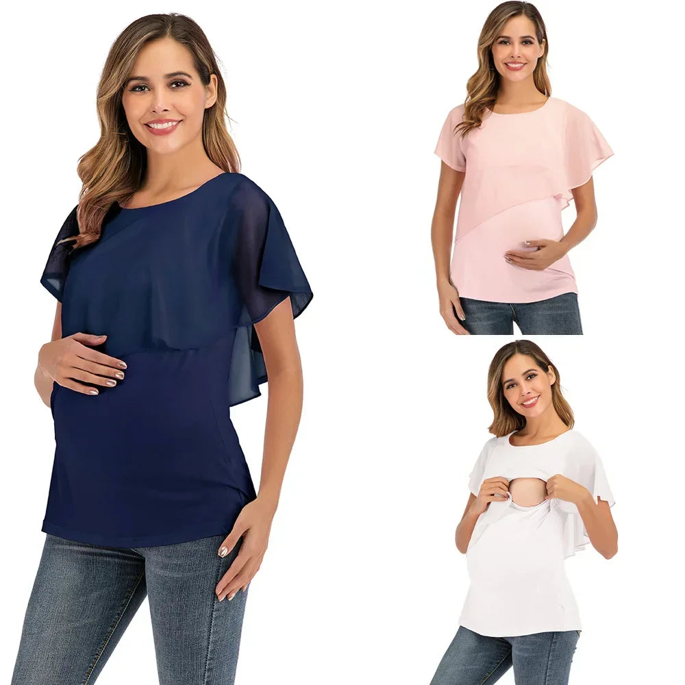 Women Short Sleeve Wrap Nursing T-Shirts Double Layer Blouse Tops Soft Breathable Pregnancy Maternity Tees Breastfeeding Moms
