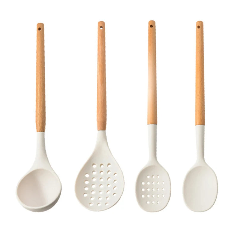 White Silicone Wooden Handle Soup Spoon Spatula Brush Scraper Pasta Egg Beater Non-stick Kitchen Cooking Tools Kitchenware