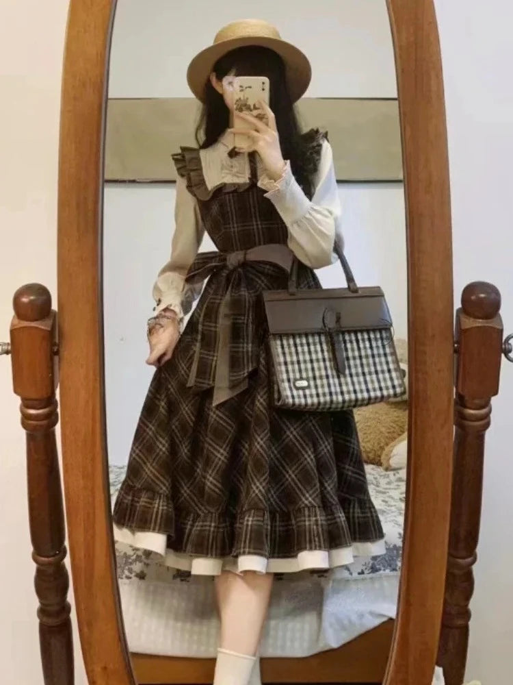 France Elegant Vintage Plaid Dress Women Design Fashion Slim Lace Up Bow Long Sleeve Dresses Female Warm Retro Patchwork Outfits