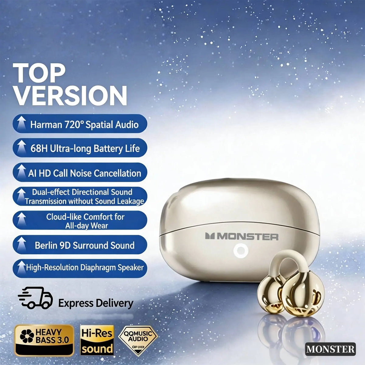 Monster Wireless Bluetooth Earphones HIFI Surround Sound Sport Earburd Long Endurance Noise Reduction Gaming Headset