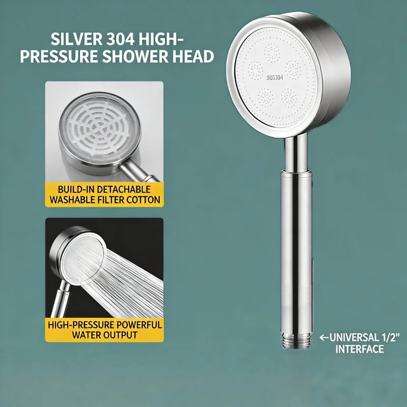 High Pressure SUS 304 Stainless Steel Handheld Shower Head Water Saving Supercharged Rainfall Spray Nozzle for Bathroom