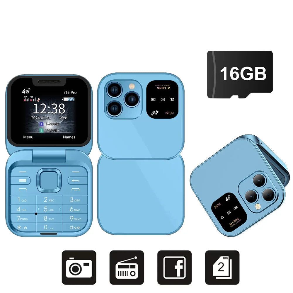 SERVO I16 PRO 4G LTE Foldable Mini Mobile Phone 2 SIM Speed Dial Call Recording Flashlight 1.77'' Screen Flip Cellphone Blacklis