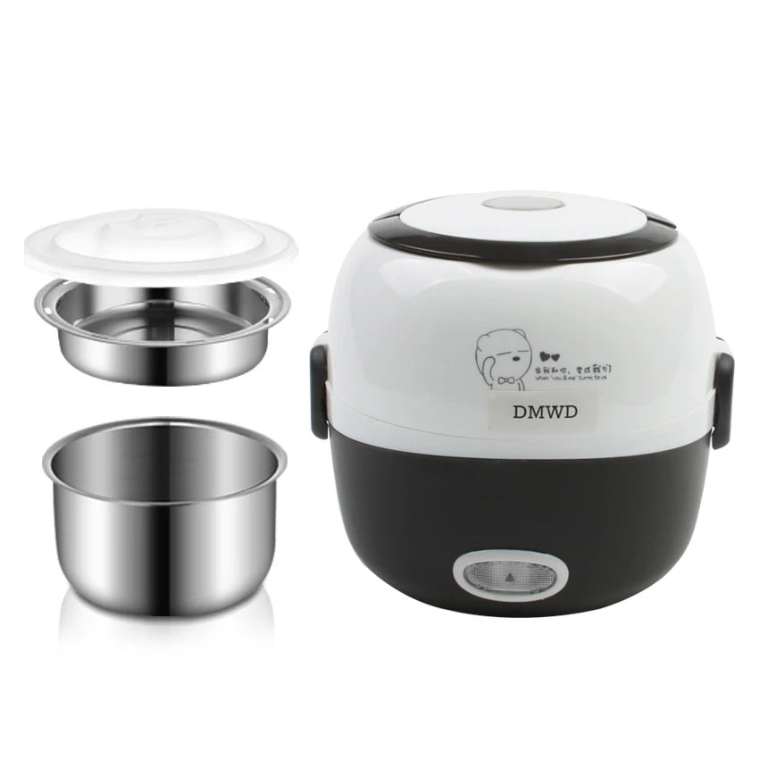 DMWD MINI Rice Cooker Thermal Heating Electric Lunch Box 2 Layers Portable Food Steamer Cooking Container Meal Lunchbox Warmer
