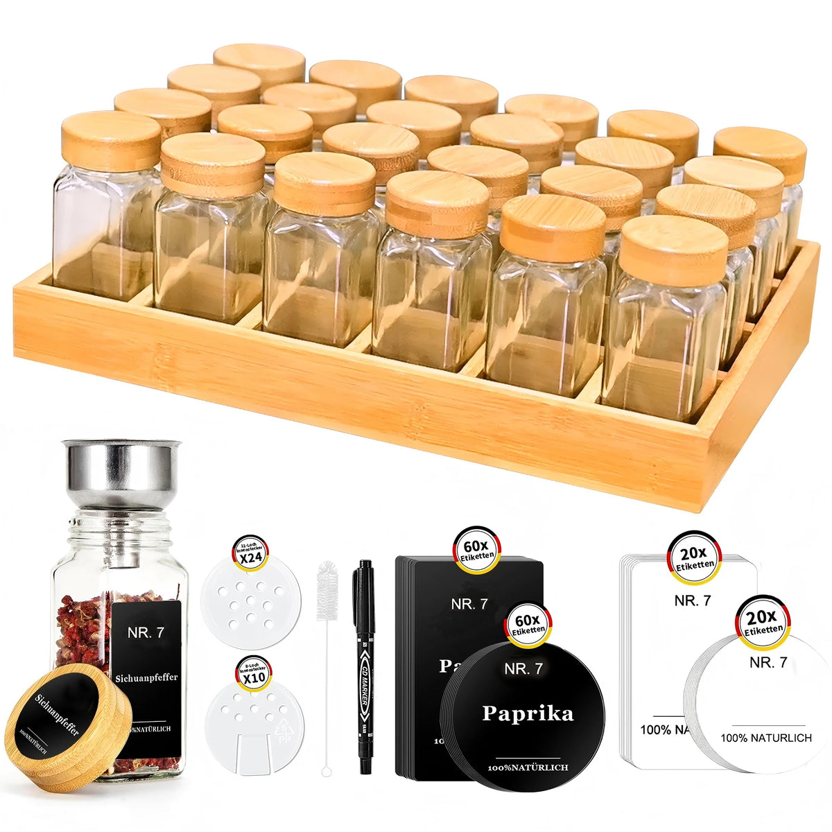 Spice jar set with bamboo rack, 12/24 glass jars with sealed bamboo lids, including labels and marker pens,kitchen organizers