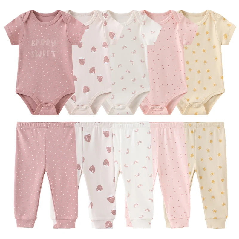 6/9/10PCS Baby Girl Clothes Newborn Solid Bodysuits+Pants Cotton Baby Boy Clothes Short Sleeve Girls Baby Clothing Cartoon