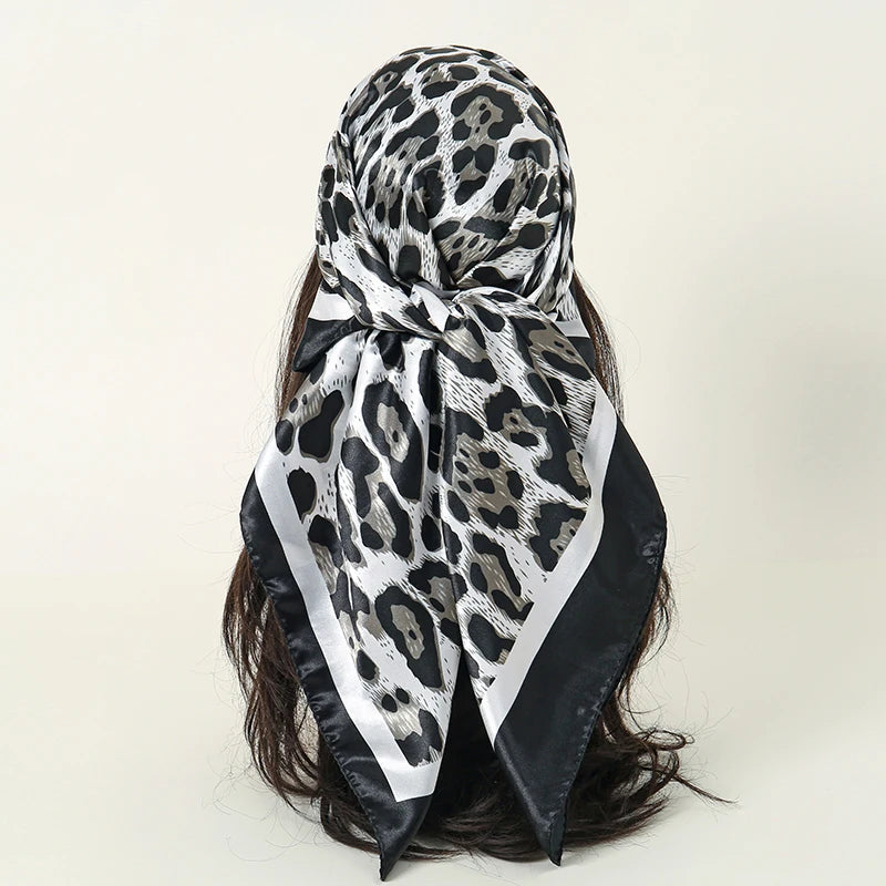 Leopard Square Silk Scarf Women Luxury Brand Satin Print Hijab Scarves Pareo Bandana Female Shawl Wrap Headband Foulard 90*90cm