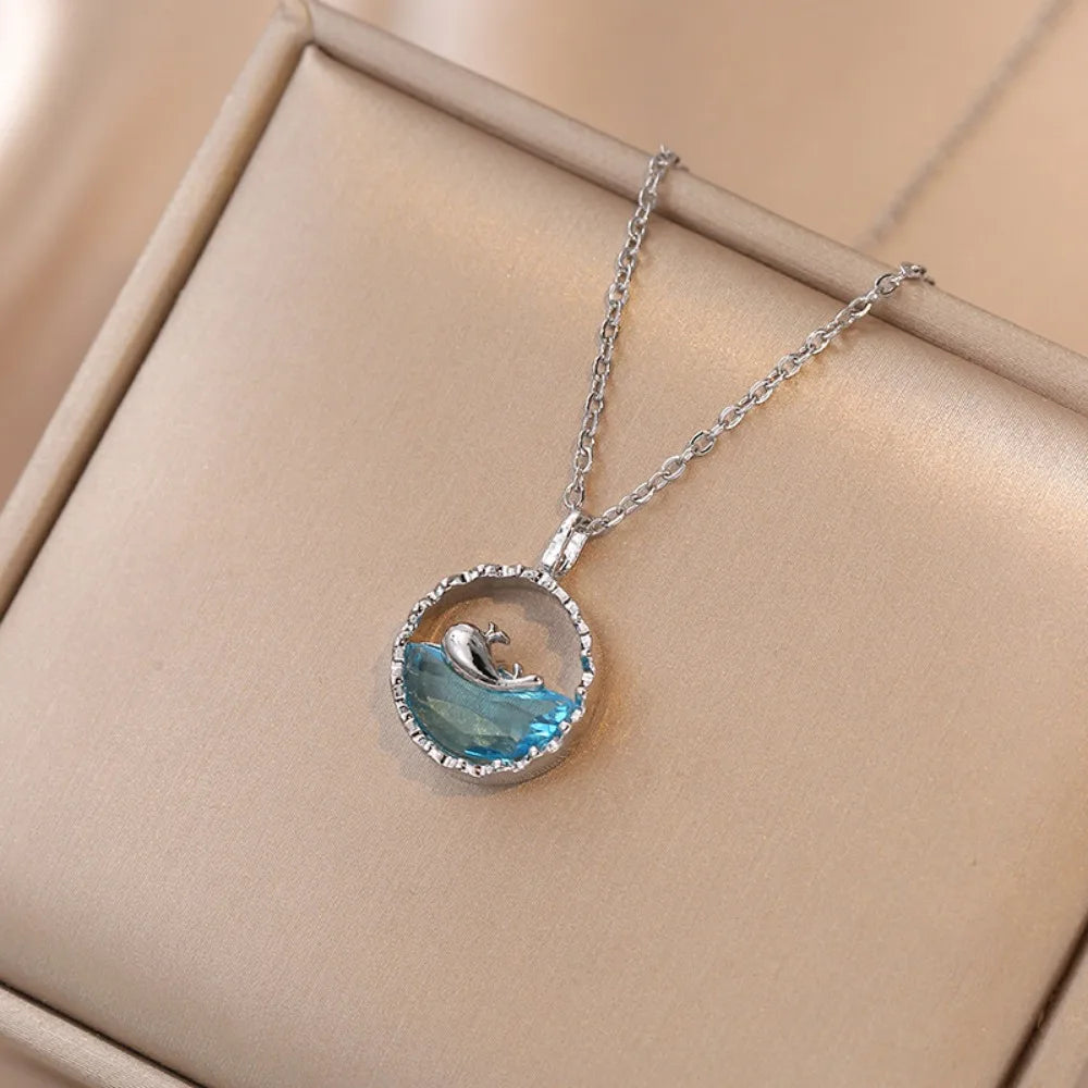 Stainless Steel Cute Sweet Blue Crystal Sea Whale Pendant Necklace for Women New Creative Design Summer Collar Jewelry Colorfast