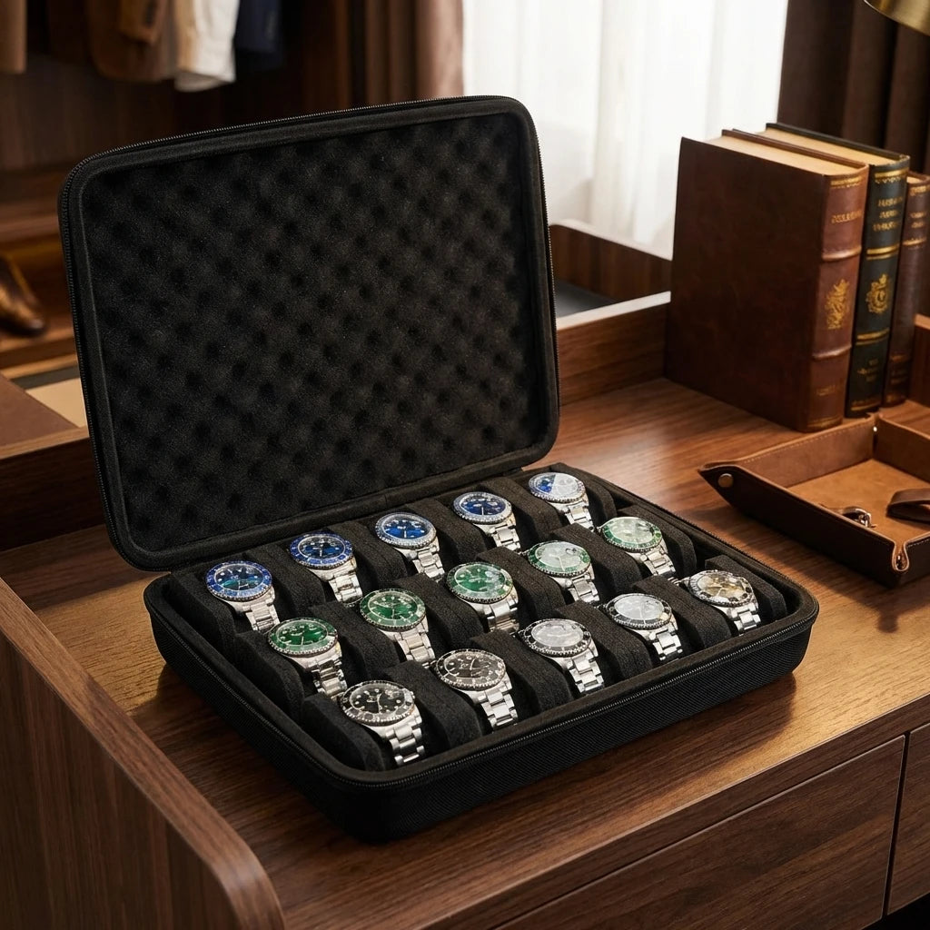 Hard-Shell 15 Slots Watch Storage Organizer Case, Watch Carry Box Fit Large And Small Watches, With Soft Foam Pillow
