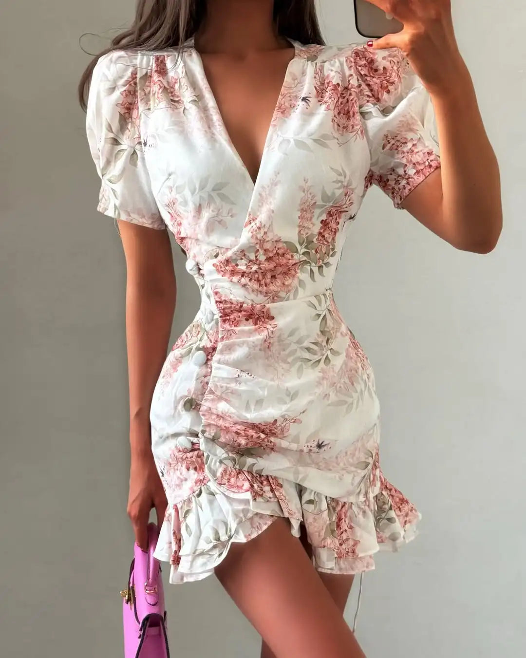 Elegant Floral Printed Mini Dress Women V-neck Short Sleeves Waist Cinching Ruffle Hem Dresses 2026 Lady Summer Vacation Robe