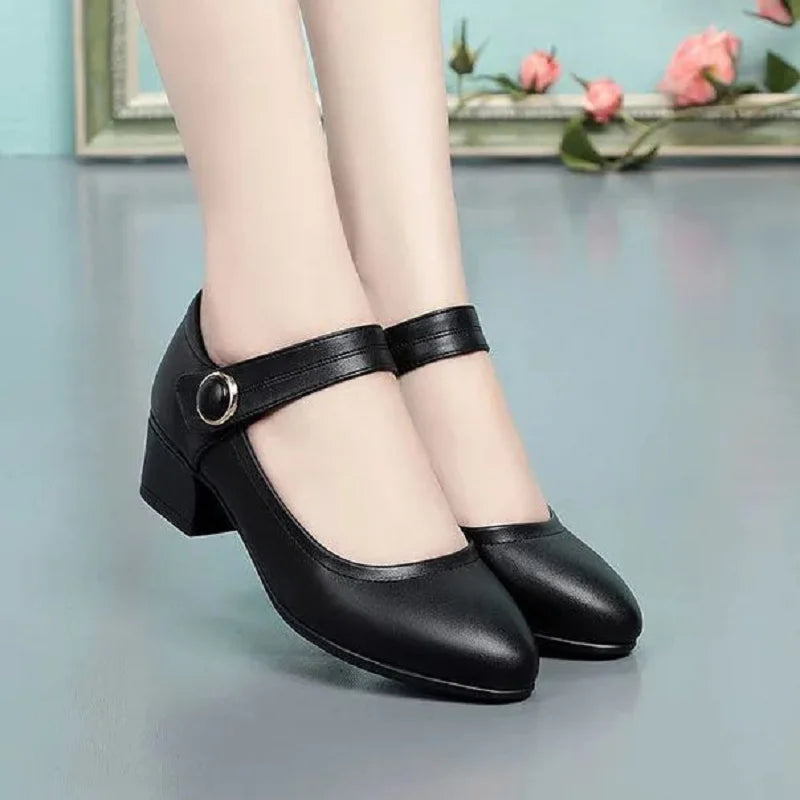 Mujeres Tacones Altos Women Fashion Black Pu Leather Buckle Strap High Quality Office Wine Red Heel Shoes Lady Cool Shoes C10
