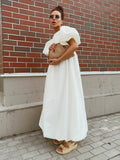 Bornladies Summer Cotton Women's Oversized Bubble Sleeve Dresses Fashionable Ladies O-Neck Chic Short Sleeve Loose Long Dress