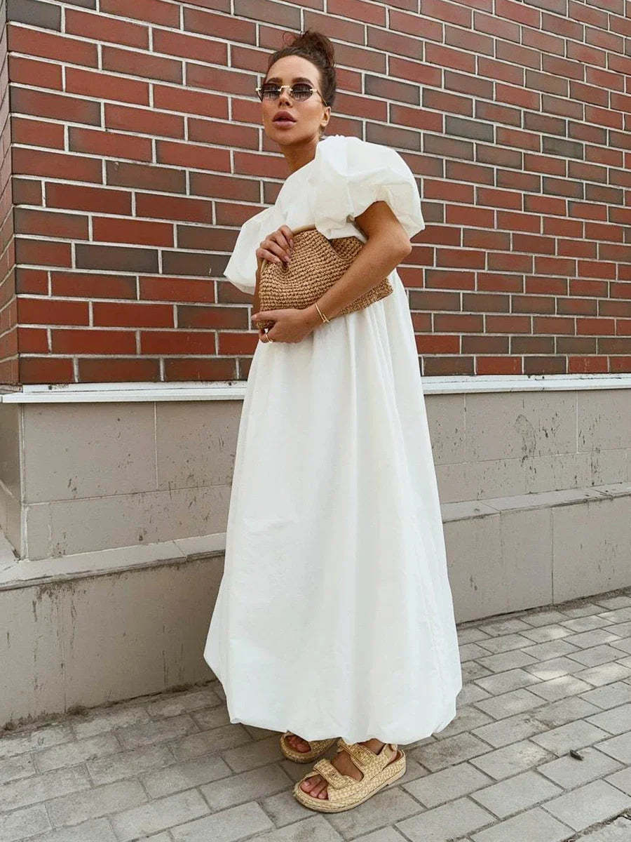 Bornladies Summer Cotton Women's Oversized Bubble Sleeve Dresses Fashionable Ladies O-Neck Chic Short Sleeve Loose Long Dress