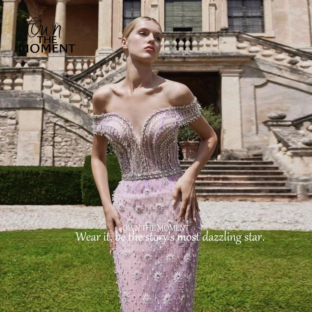 OTM 3D Floral Appliques Prom Dress Lilac Beaded Off Shoulder Evening Dress Deep V Mermaid Floor Length Party Dress Custom