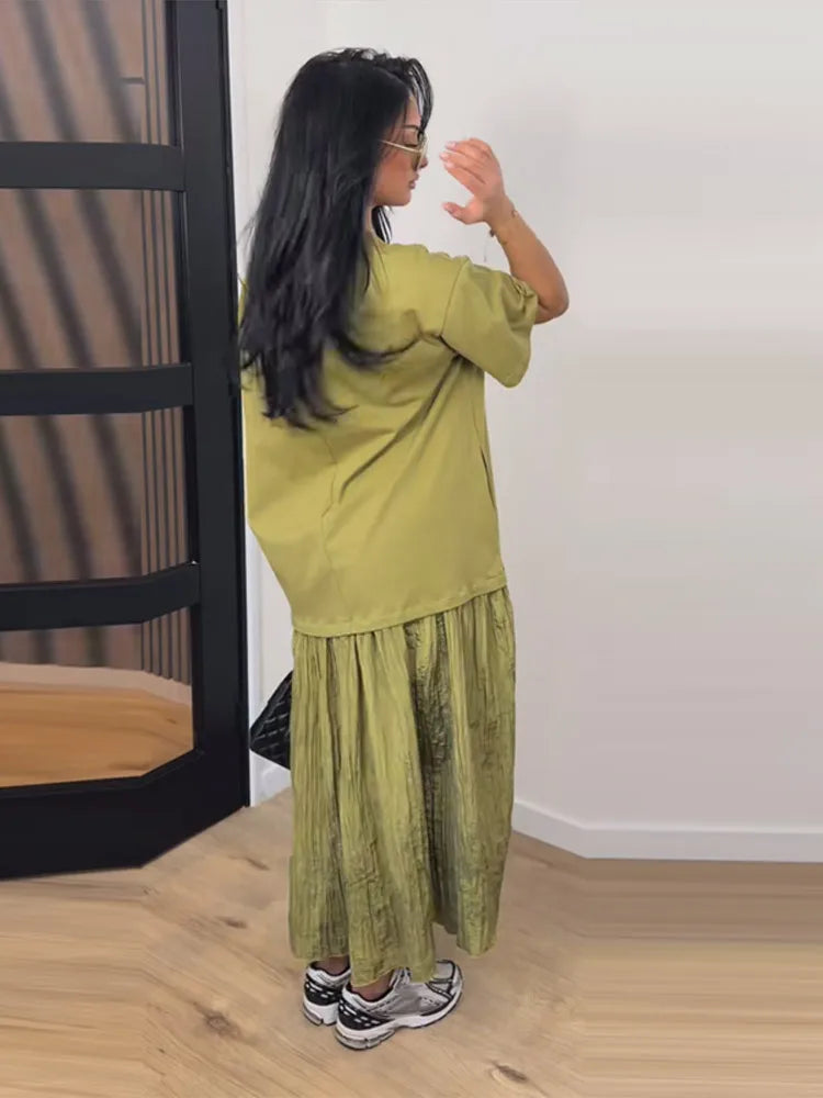 Short Sleeve Patchwork Oversized Long Dress Women Elegant O-neck Pleated Loose Party Evening Dresses Summer Casual Lady Vestidos
