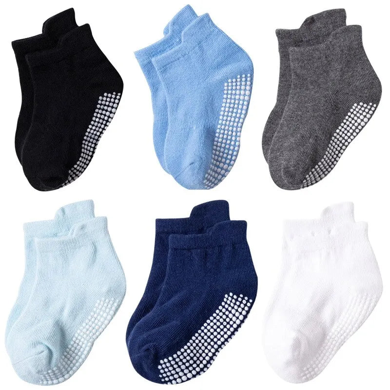 6 Pairs/Lot Cotton Baby Anti-slip Boat Socks For Boys Girls Low Cut Floor Kids Toddler Sock With Rubber Grips For 0-5Years
