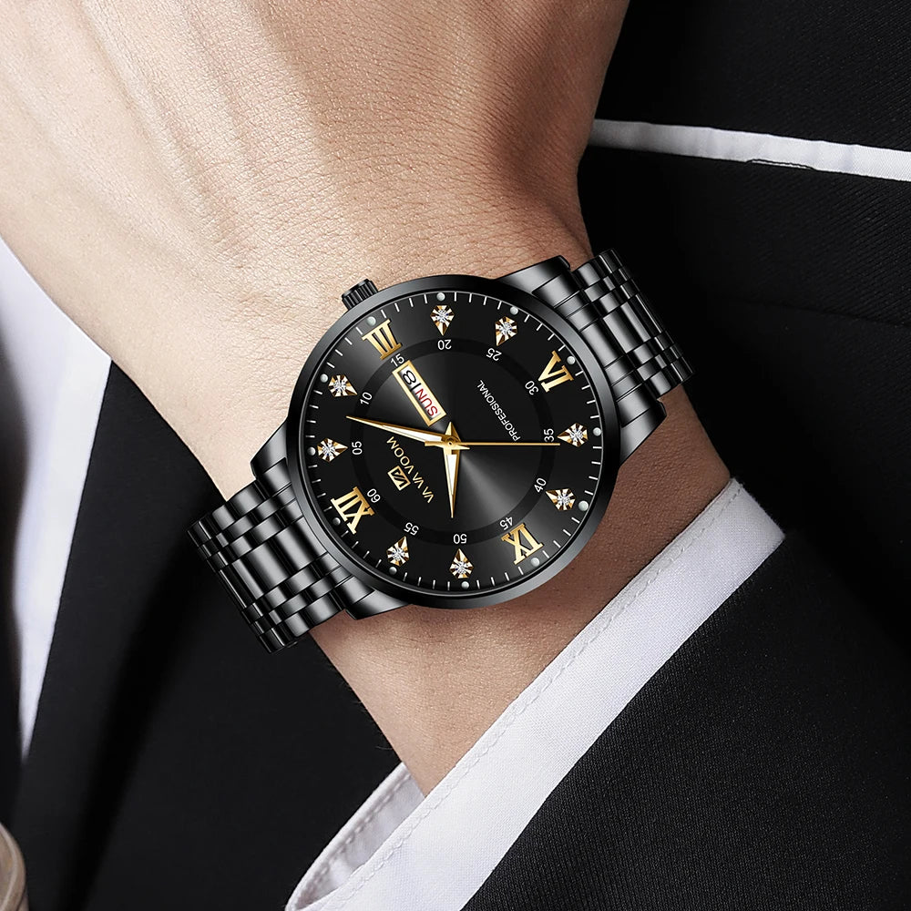 VA VA VOOM Top Brand Luxury Men Watch Week Quartz Movement Business Clock Black Stainless Steel 3Bar Waterproof Couple Men Watch