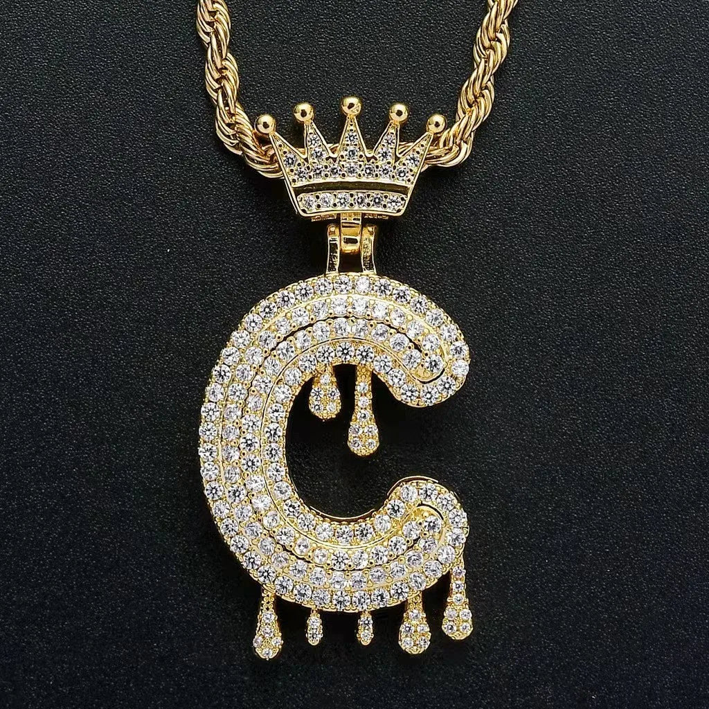 Hip Hop Iced Out Bling Cubic A-Z Drip Crown Zircon Initial Letters Necklaces Pendant Necklace Chain Men Jewelry with Rope Chain