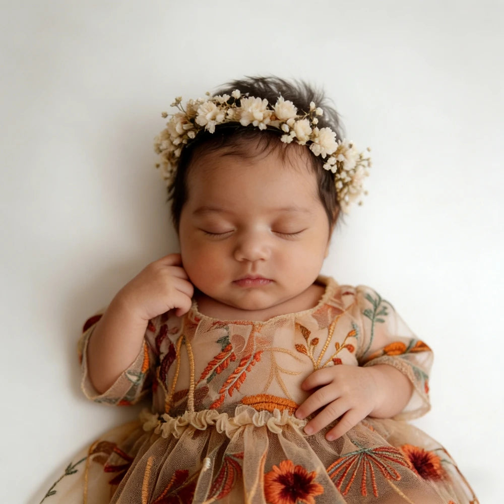 Newborn Girl Photography Dress Embroidered Floral Tulle Outfit Newborn Photo Shoot Dress Boho Newborn Photoshoot Outfits