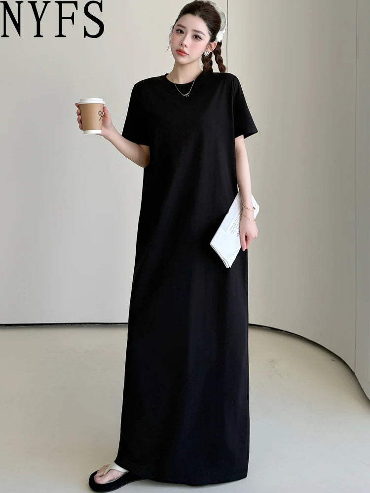 NYFS 2026 Korean Style Women's Summer Loose plus Size Dress Short Sleeve Solid Long Dress Robe Elbise