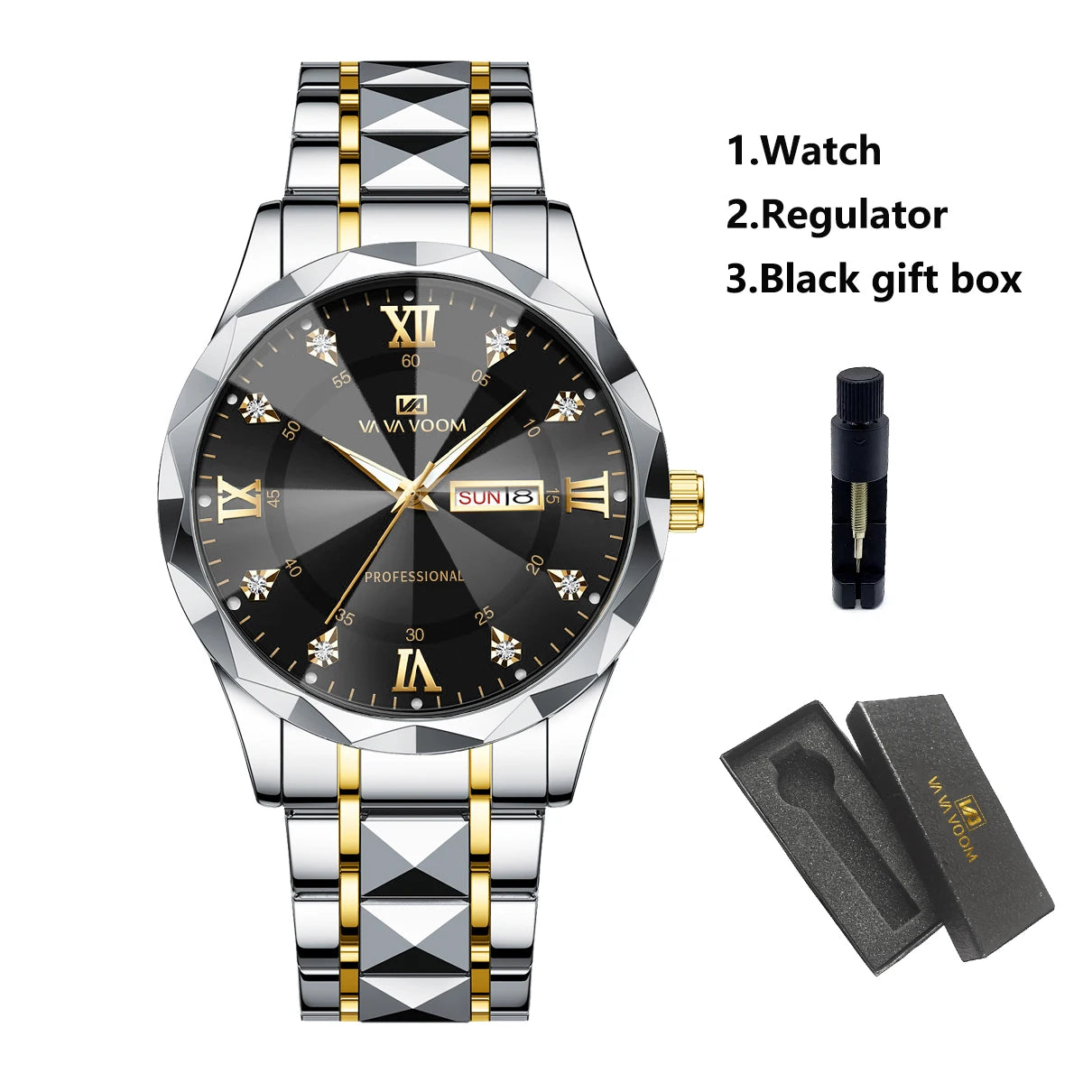 Stainless Steel Watch Men Dual Tone Strap 41mm Blue Rhinestone Dial Quartz Business Clock Suitable Dinners Dates Formal Watches