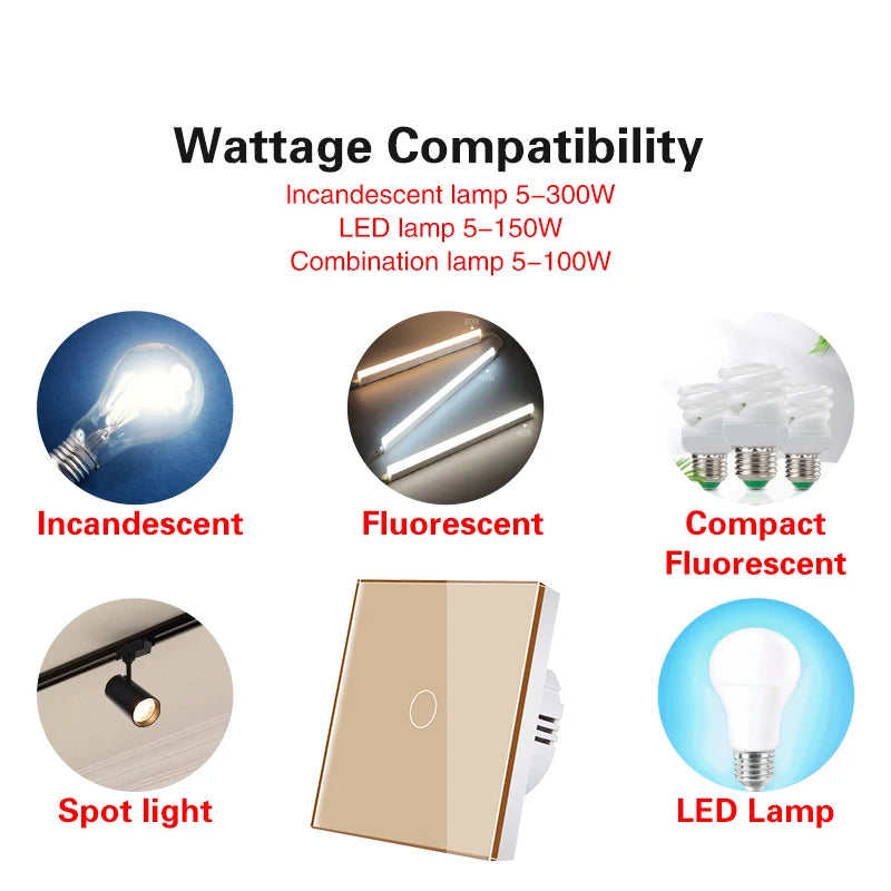 Touch Switch EU Light Sensor Switches Crystal Glass LED Button Panel Power AC100-240V 1/2/3 Gang Wall Lamp Interruttore