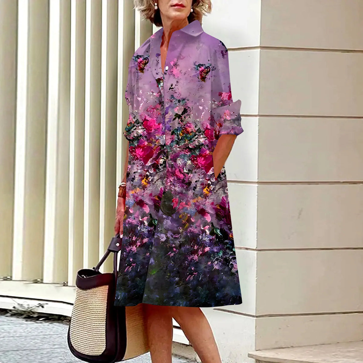 Summer New Women's Dresses Crushed Floral Long Sleeve Lapel Midi Luxury Women's Street Women's Shirt Pocket Temperament 2023