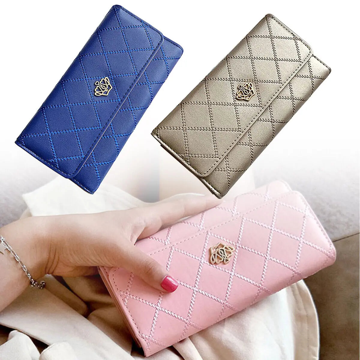 Women PU Leather Black Long Wallet Diamond Pattern Purse Large Capacity Card Holder Crown Buckle Ladies Phone Bag Girls Gifts
