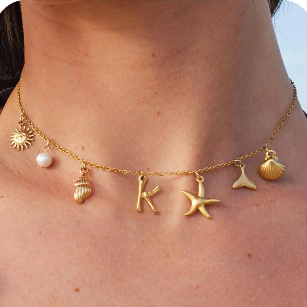 MHS.SUN Starfish Shell Initial Necklace Waterproof 18K Gold Plated Stainless Steel Charm Necklaces Surfer Girl Summer Beach Gift