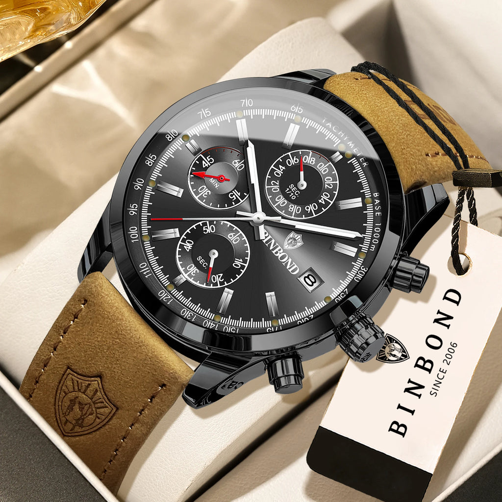 BINBOND Luxury Quartz Wristwatches Luminous Waterproof Auto Date Chronograph Men's Watch Business Sport Watch for Men Reloj