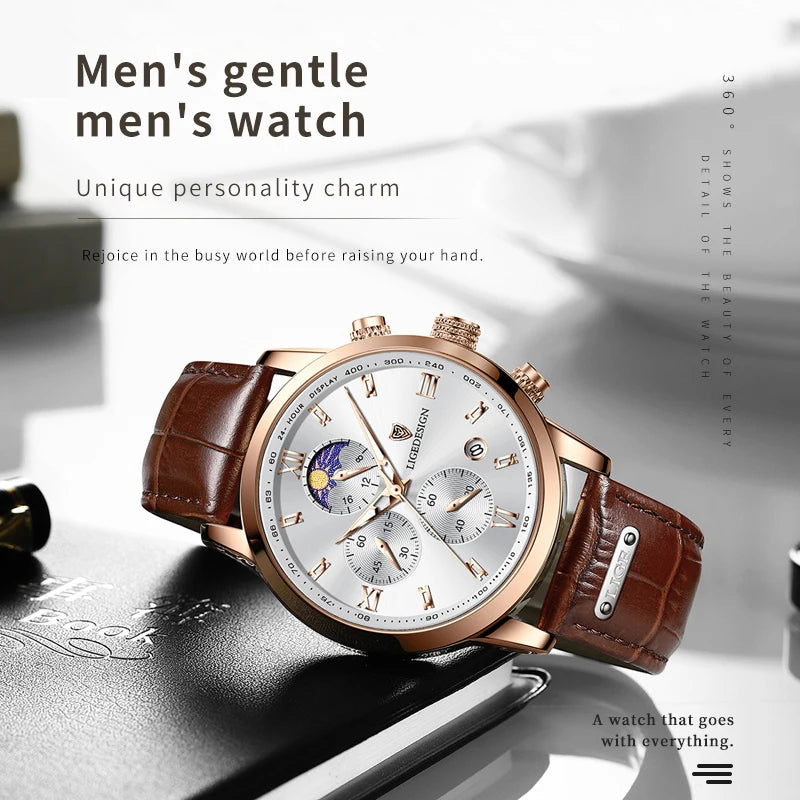 LIGE Casual Men Watch Luxury Leather Waterproof Sport Quartz Wristwatch Chronograph Military Watch for Men Relogio Masculino