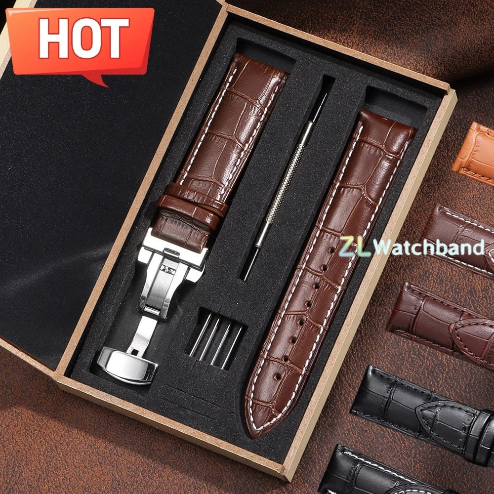 18mm 20mm 22mm Watch Band with Wooden Box Butterfly Clasp Watchband Replacement Genuine Leather Strap Bracelet Watch Accessories