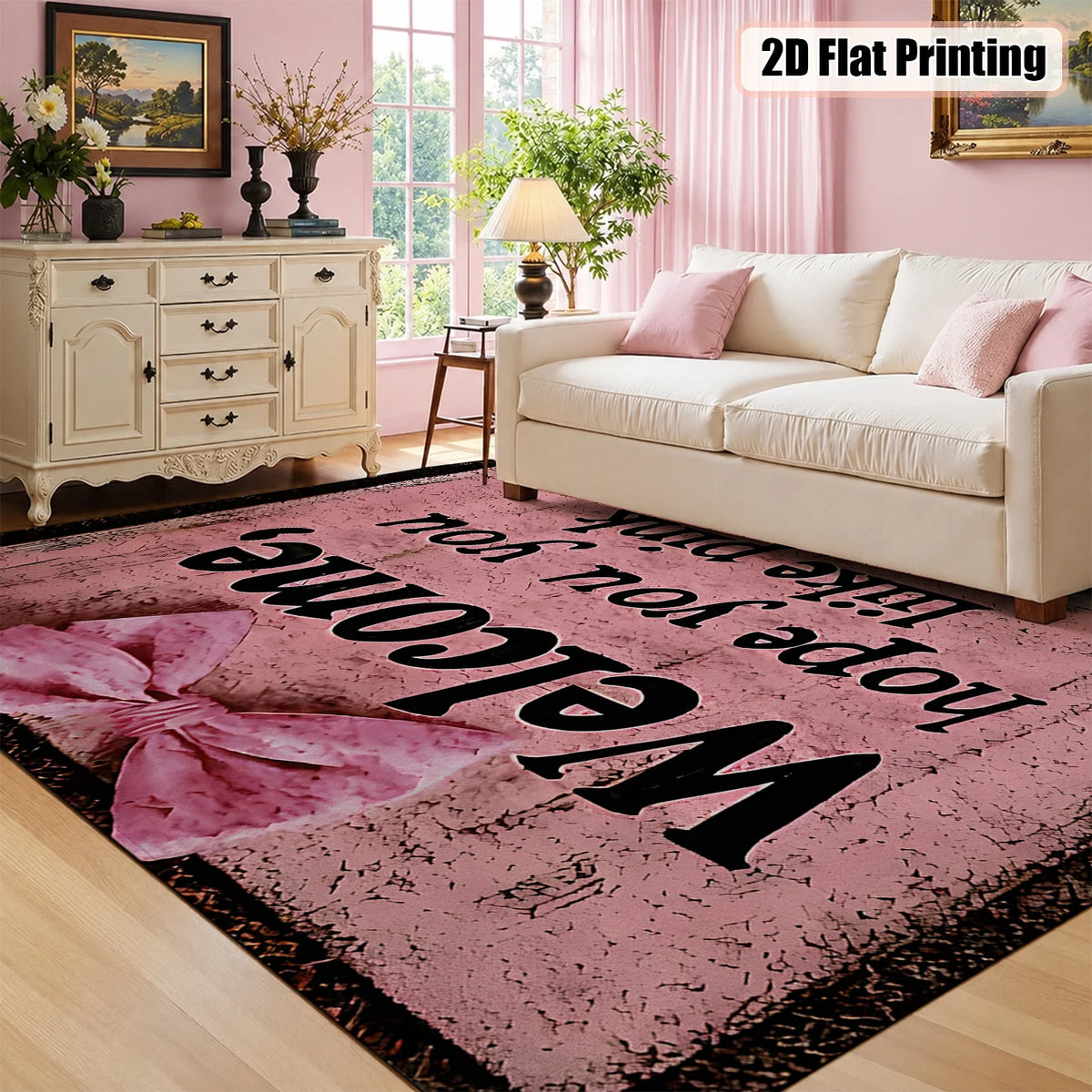 Pink Welcome Bow Area Rug – Six Sizes