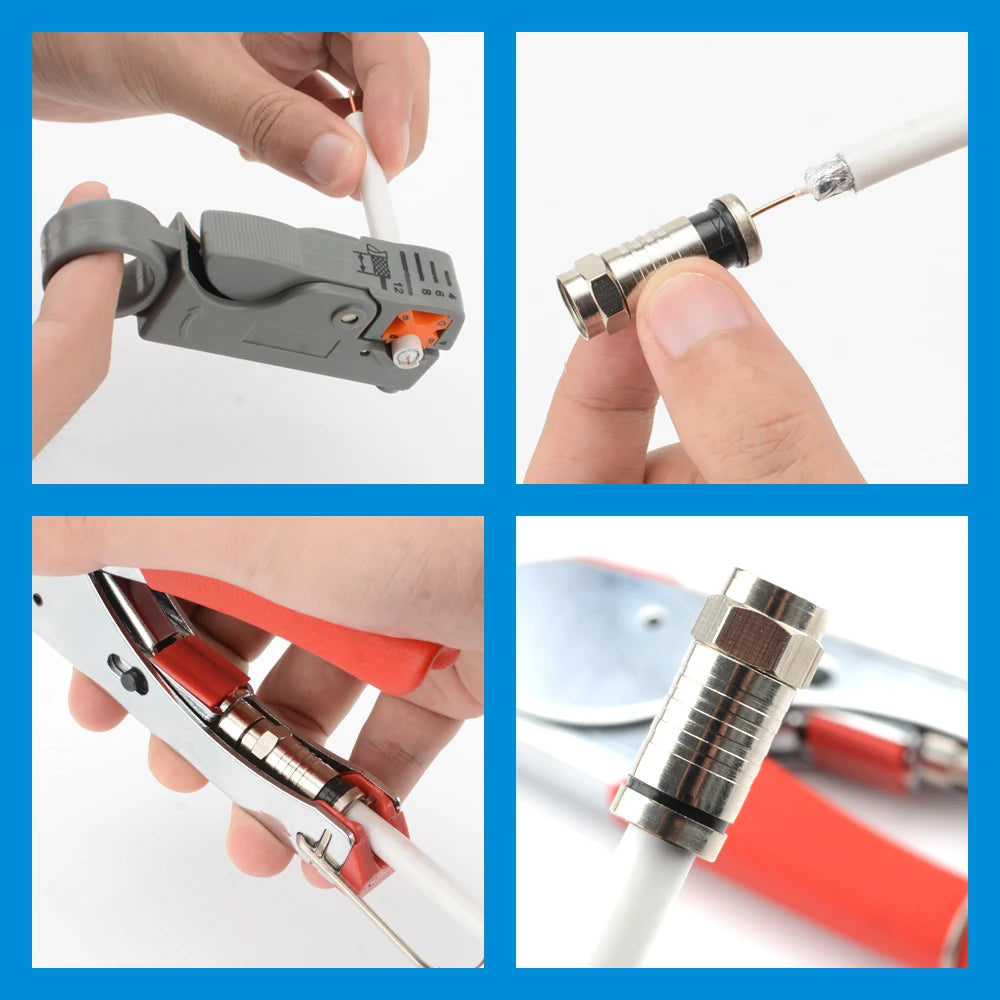 Coaxial Cable Crimping Pliers Set RG6 RG59 Wire Stripper Crimper Tool Kit 10pcs RG6 F-type Compression Connectors