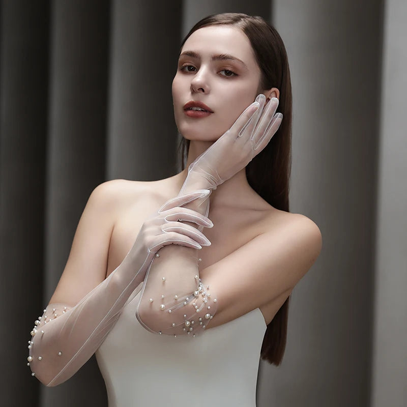 WG138 Bridal Gloves Heavy Handmade Beading Elegant Long Elegant Slim Wedding Dinner Party Tulle Gloves Wedding Accessories