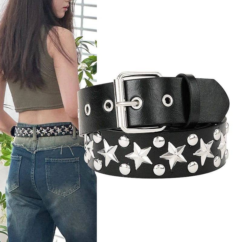 Z. Rivet Hollow Bullet Decoration Belt Fashion Leather Studded Goth Rock Wild Adjustable Women Punk Black Belt