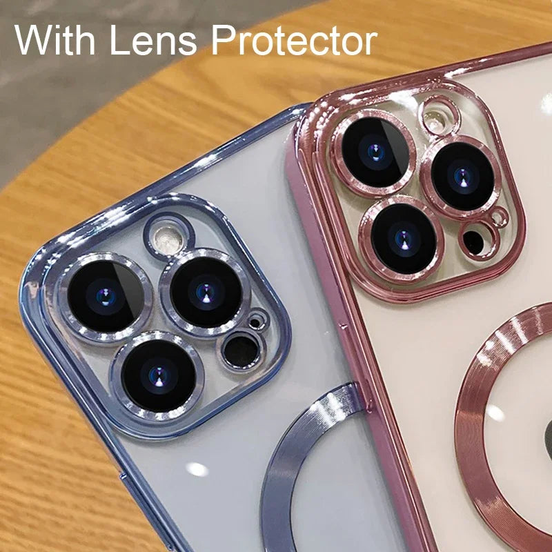 Luxury Transparent Magnetic For Phone Case For iPhone 14 Plus 13 12 11 15 16 17 18 Pro Max AIr Clear Plating Silicone Cover