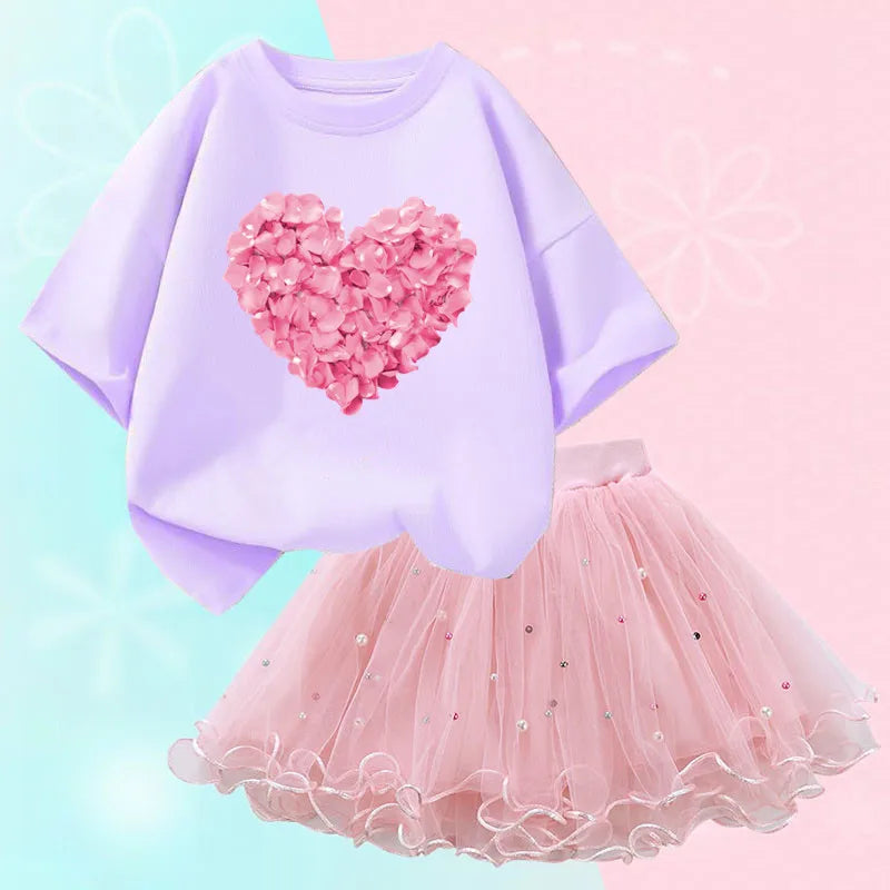 Summer Little Girls Clothing Cute Cat T Shirt& mesh Tutu Skirt Two Piece Set Fashion Korean Children Clothes Outfits 3-14years