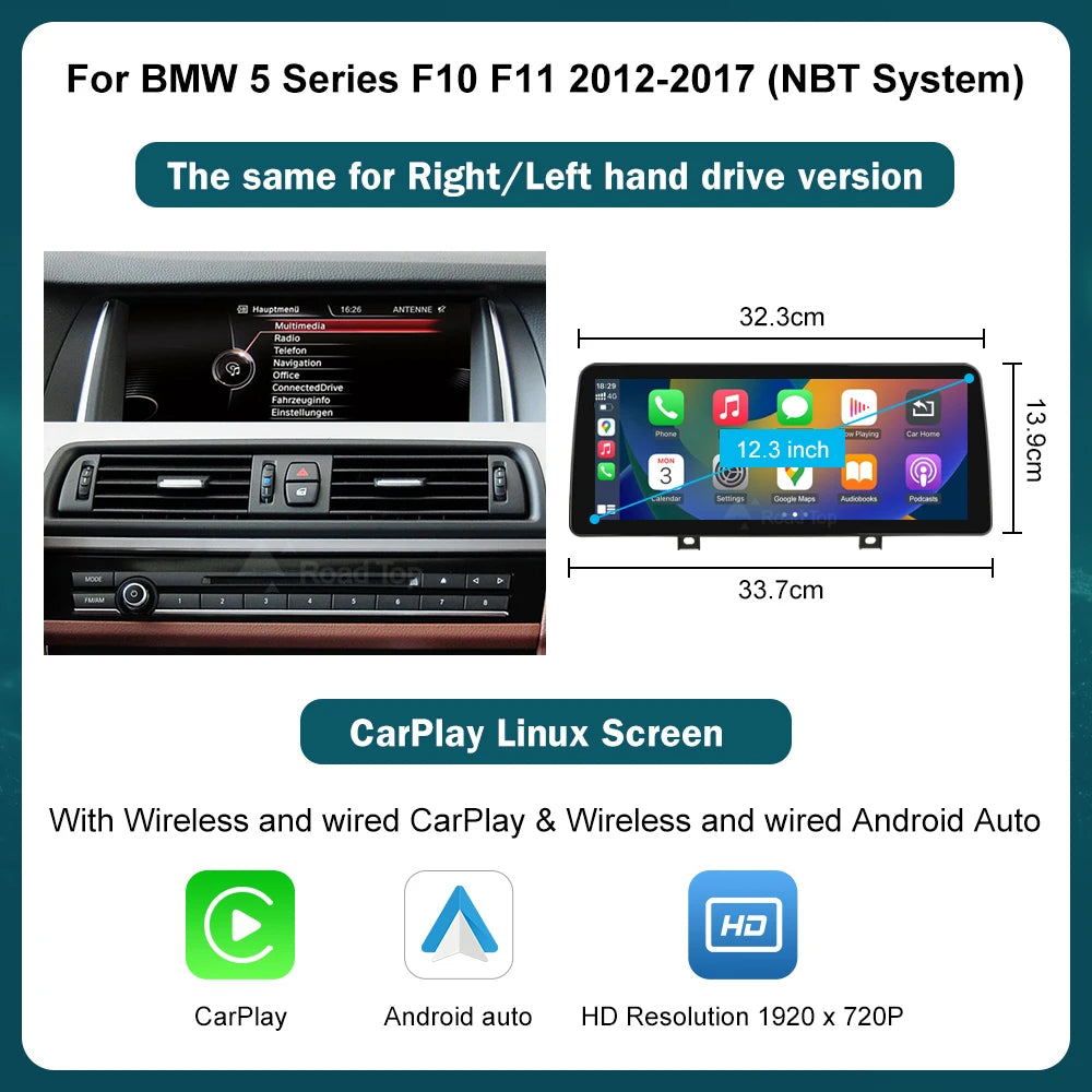 RoadTop Wireless CarPlay Touch Screen For BMW Series 5 F01 F10 F11 G30 2011-2023 CIC NBT EVO Multimedia Radio Linux System